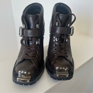 Miu Miu Dark Brown Heeled Boots with Silver Accents